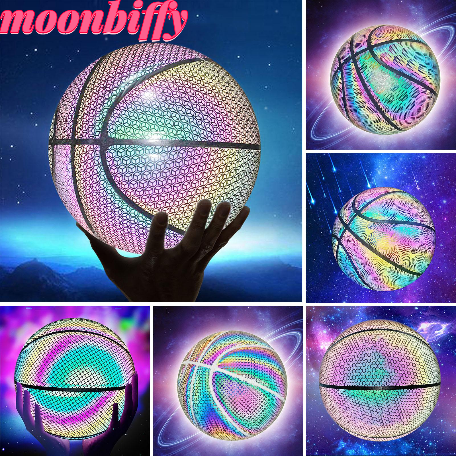Luminous Basketball Ball Holographic Reflective Lighted Flash Ball PU Wear-Resistant Glowing Basketball Night Sports Game
